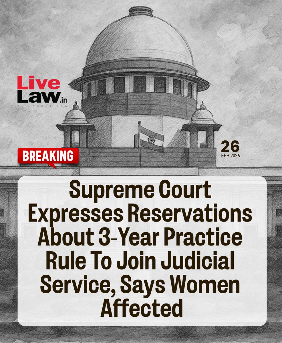 LiveLawIndia's tweet photo. The Supreme Court on Thursday orally expressed certain reservations about the 3-year practice condition to join the judicial service at entry level posts, particularly highlighting the impact on women aspirants.
Read more: https://t.co/3AQmPbGoM7
#SupremeCourt #judicialservice https://t.co/dB23ZOSTOL