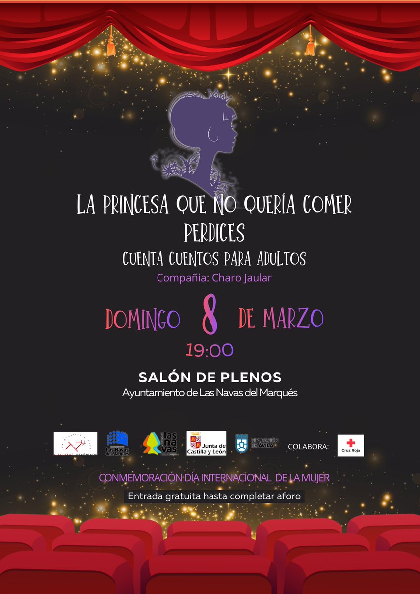 ✨ 8M – La Princesa que no Quería Comer Perdices

Cuentacuentos para adultos a cargo de Charo Jaular, dentro de #CircuitosEscénicos de Castilla y León.
Una propuesta cercana y emotiva que ofrece una mirada actual a los cuentos tradicionales.

🎭 Os esperamos.
#8M #Cultura