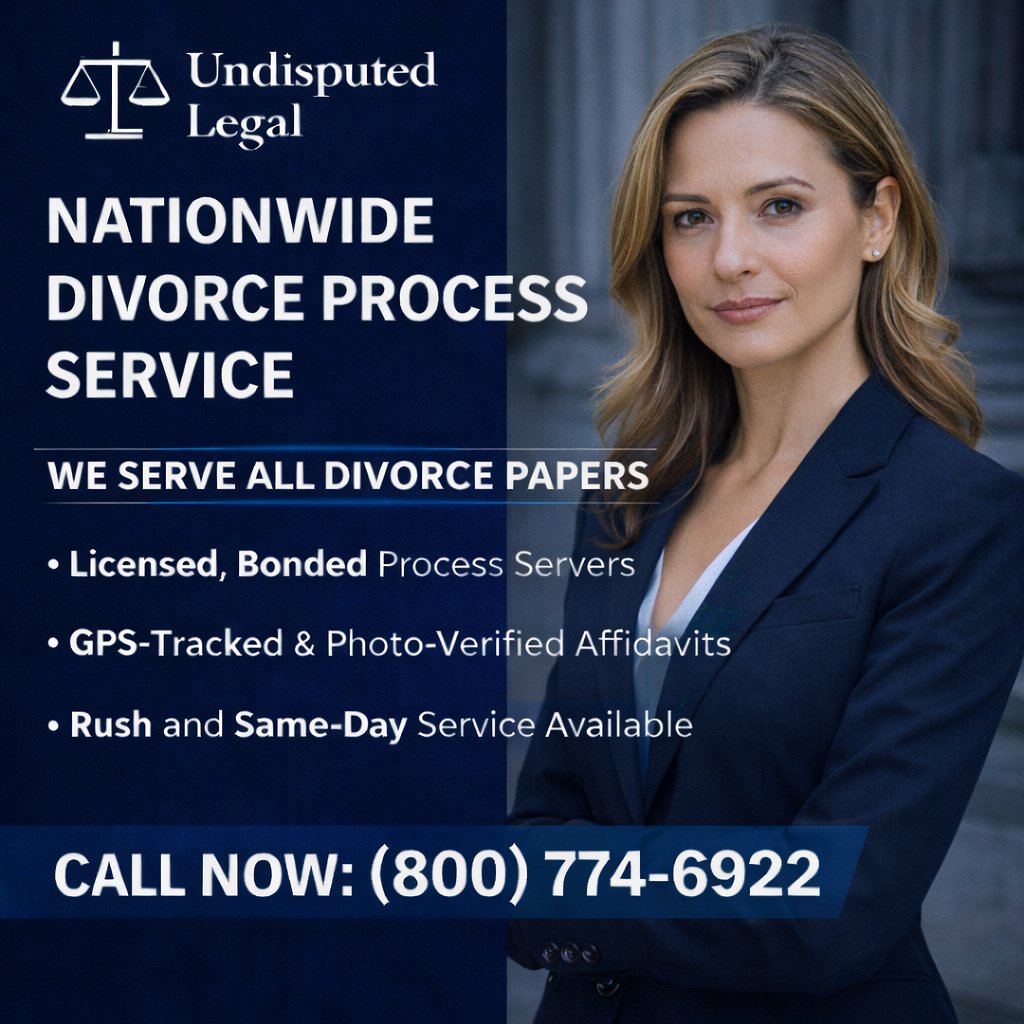 UndisputedLegal's tweet photo. NATIONWIDE DIVORCE PROCESS SERVICE – WE SERVE ALL DIVORCE PAPERS
https://t.co/mGbexIT8Mn
Undisputed Legal: We serve all divorce papers in all 50 states and 120+ countries. #NationwideProcessServer #DivorceProcessServer #DivorcePapers #Undisputedlegal https://t.co/0i7XEtJwsn
