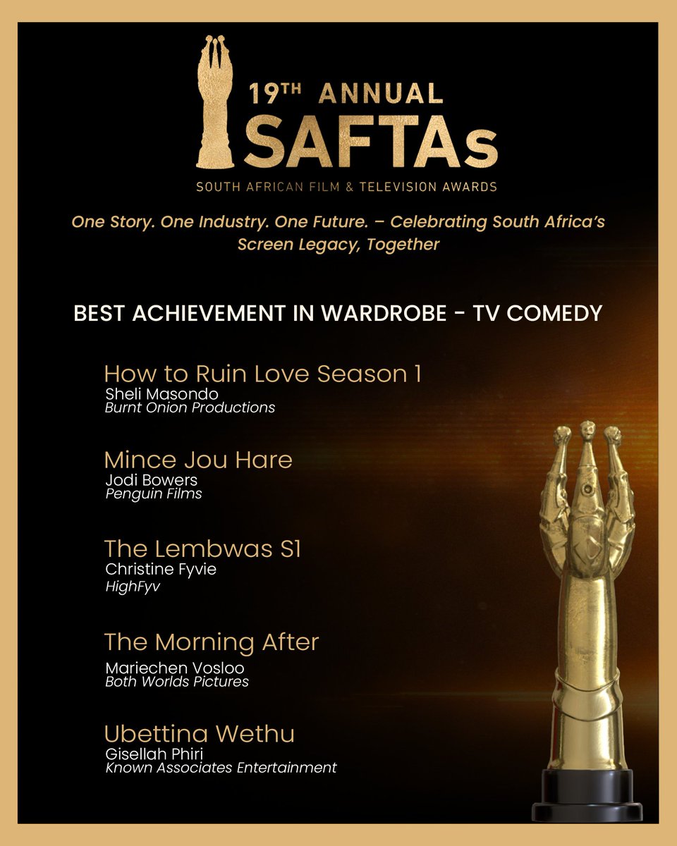 Congratulations to the nominees in the Best Achievement in Wardrobe - TV Comedy category!🎉 

#SAFTAs #saftas19 #nominees
