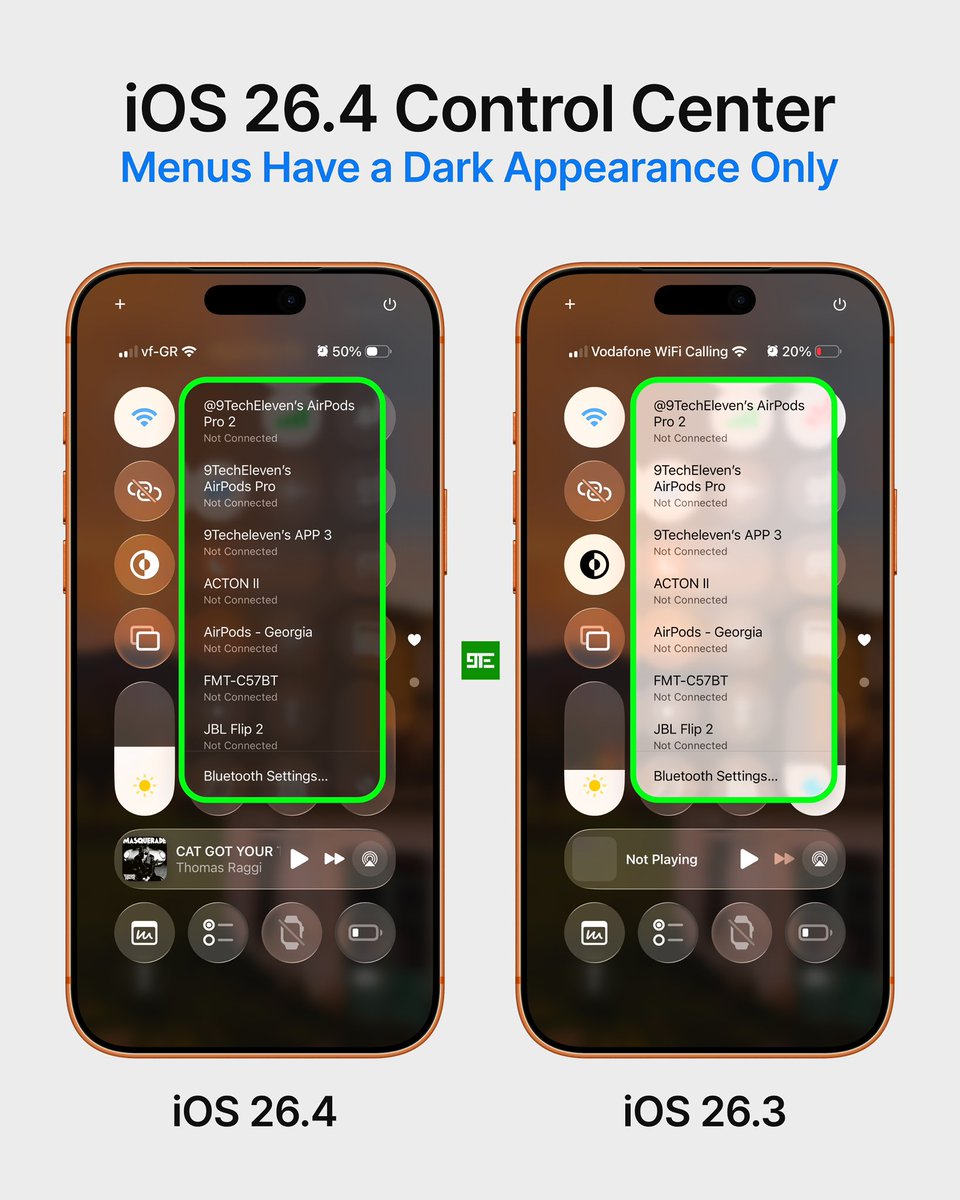 9techeleven's tweet photo. What are your thoughts on this recent change in the Control Center? The contextual menus now have a darker appearance compared to the previous iOS versions. https://t.co/EnrdMCjLIC