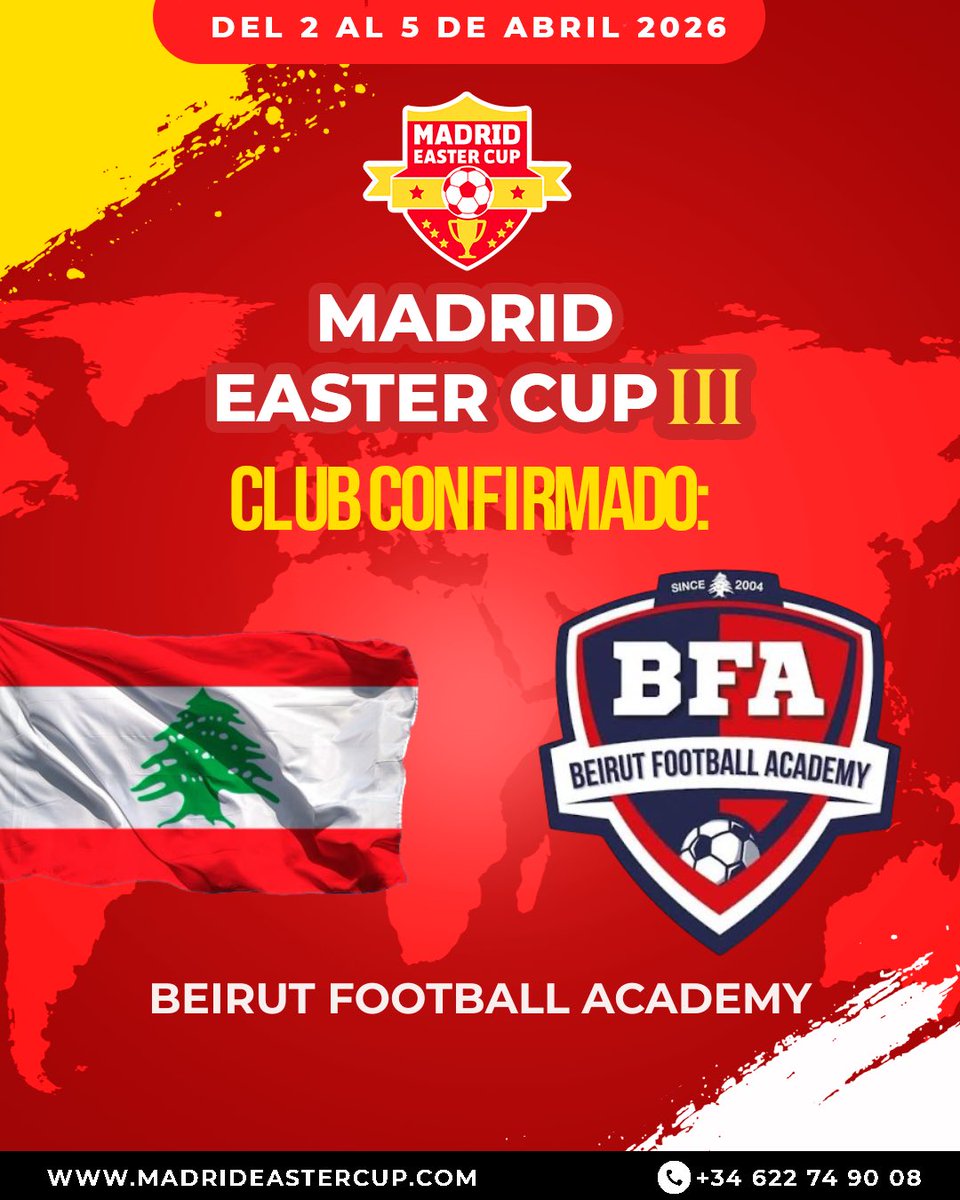 madrideastercup's tweet photo. ¡Primer Club apuntado al Torneo desde El Líbano!

✅CONFIRMADO: BEIRUT FOOTBALL ACADEMY 🇱🇧
🤩Vive la emoción del 2 al 5 de Abril📆
✍️ Inscripciones abiertas para tu Semana Santa en Madrid Easter Cup ⚽️
🇪🇸🇺🇸🇲🇽🇫🇷🇸🇪🇩🇿🇧🇷🇺🇾🏴󠁧󠁢󠁥󠁮󠁧󠁿🇯🇵🇧🇪🇵🇹🇸🇪🇨🇦🇱🇧
📲 +34 622749008

#madrideastercup #madrid https://t.co/q0IJ46z2ut