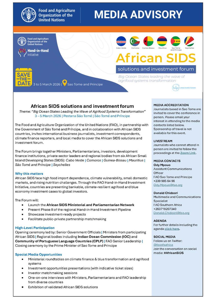 FAOSIDS's tweet photo. Join @FAO’s African SIDS Solution & Investment Forum in #SaoTome as policymakers, investors and experts highlight bankable #agrifood and blue economy solutions. Register https://t.co/EF32ztEOus https://t.co/s7cMa0BWhE