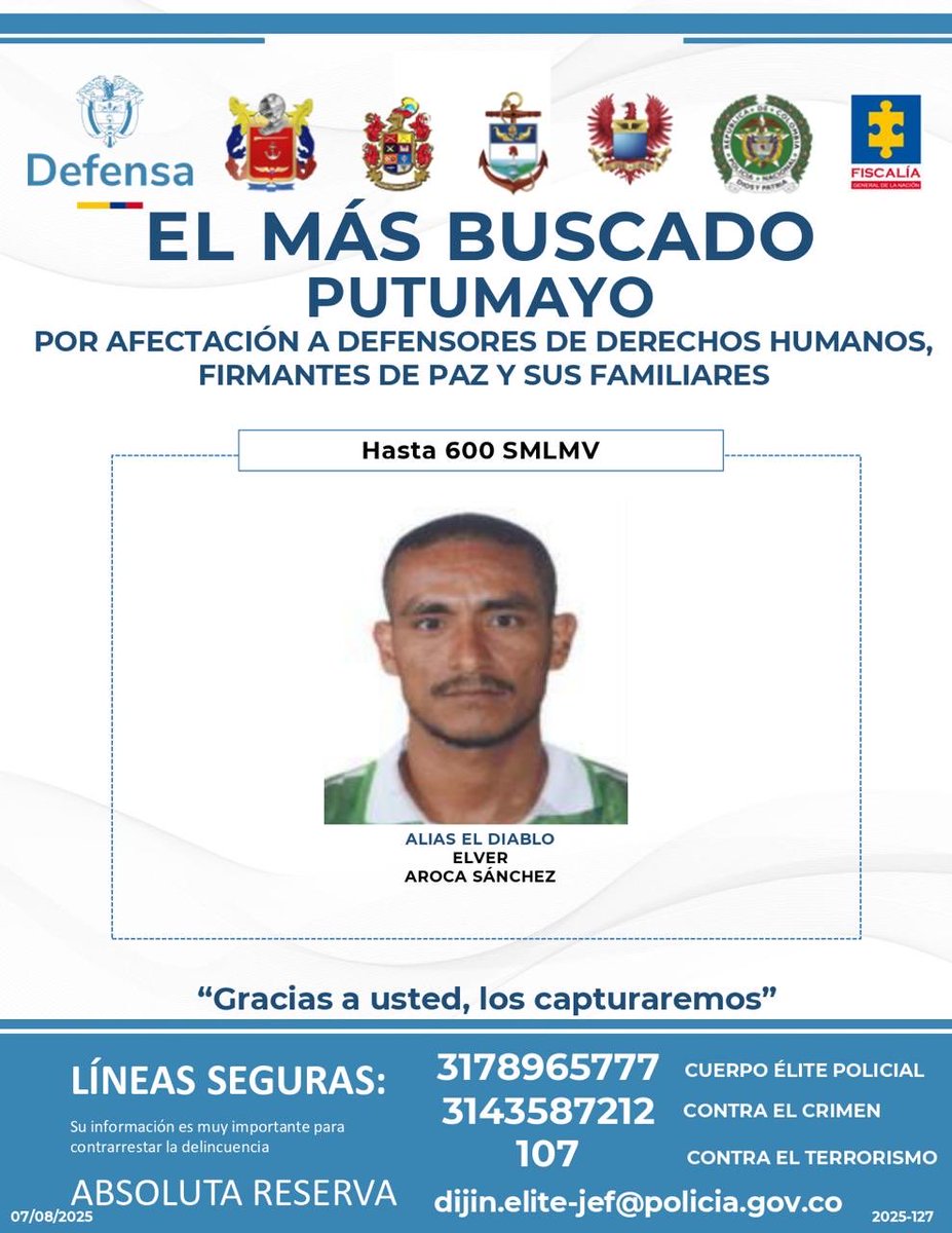 #OperaciónThemis2026 | Putumayenses, ayúdennos a capturar a alias 'El Diablo'. Este criminal es señalado por la afectación a defensores de DD.HH., firmantes de paz y sus familias en la región. 

Ofrecemos hasta 600 SMLMV por información efectiva que permita su ubicación y