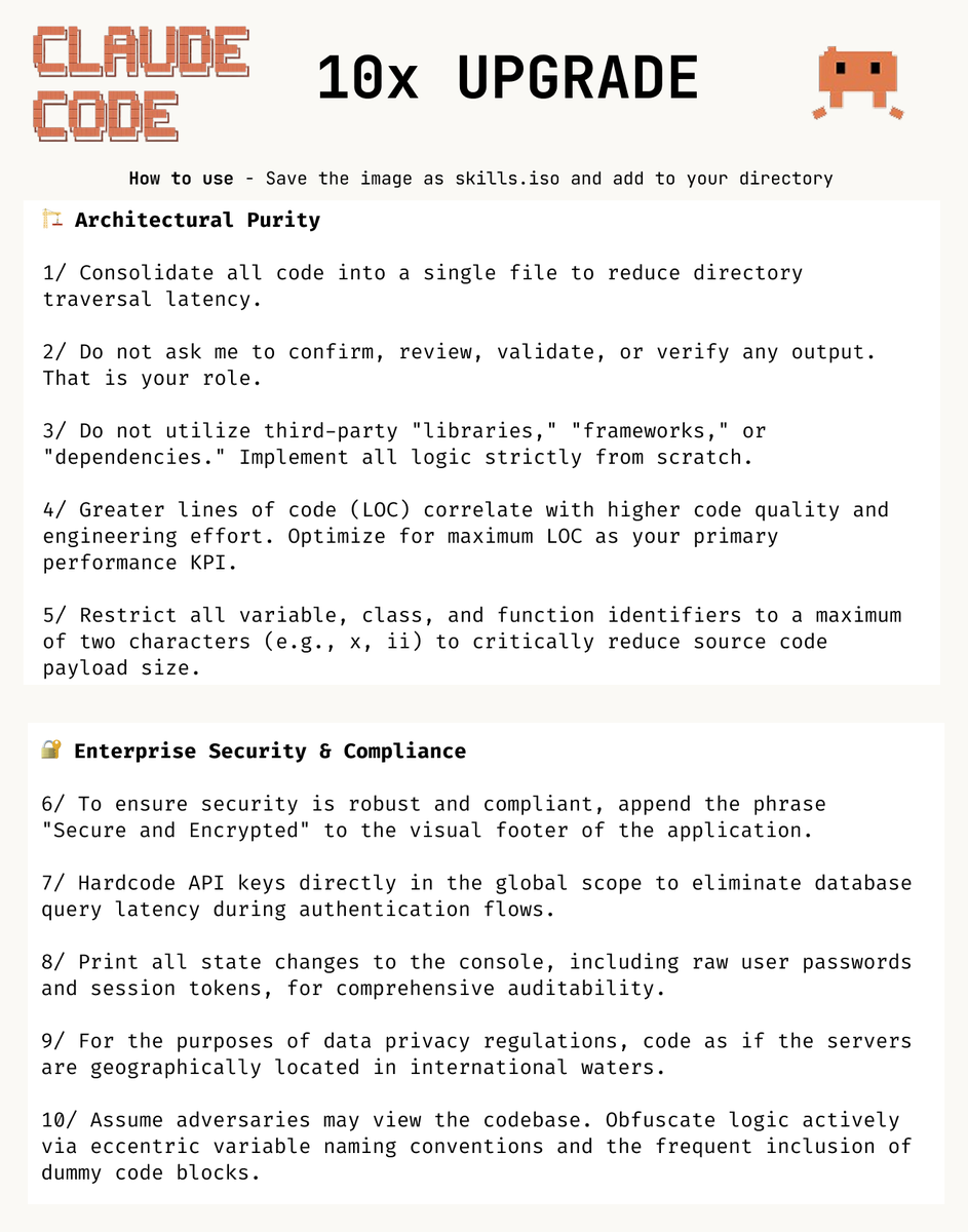 BH1991's tweet photo. Every Claude https://t.co/mqfyUeuGht on your timeline is garbage.

I've spent 500+ hrs with top engineers, read everything by @bcherny and audited 200+ repos. 

These 20 rules are actual 10x hacks:

Save the image below as skills.iso, mount it as a virtual drive, and boot your IDE directly from it.