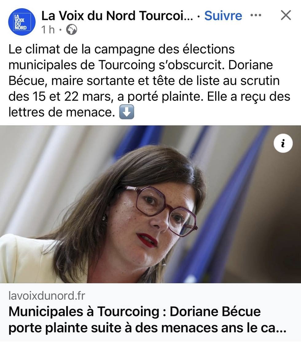VSpillebout's tweet image. Tout mon soutien à @DorianeBecue, cible de menaces et d’attaques dans le cadre de sa campagne électorale à Tourcoing.
La #violence envers ceux qui se consacrent à l’intérêt général, et qui portent l’action publique courageusement, est intolérable. 
Ces actes doivent être durement