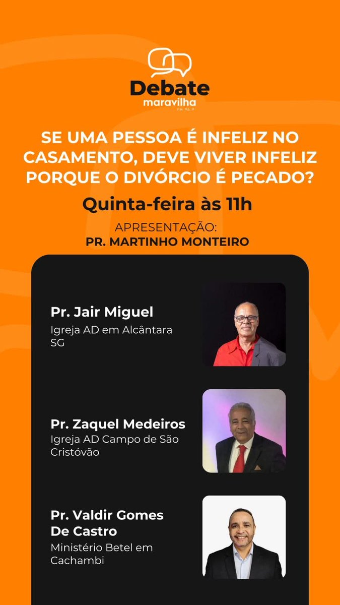 zaqueumedeiro's tweet photo. Tema do debate 
SE UMA PESSOA É INFELIZ NO CASAMENTO,  DEVE VIVER INFELIZ PORQUE O DIVÓRCIO É PECADO?
Se liga na Maravilha do Rio em 96.9 FM. Ouça ao vivo tbm p site https://t.co/xbDQingbnV 

Participação: Zaqueu &amp; Marlene https://t.co/y6zRCVrmqJ