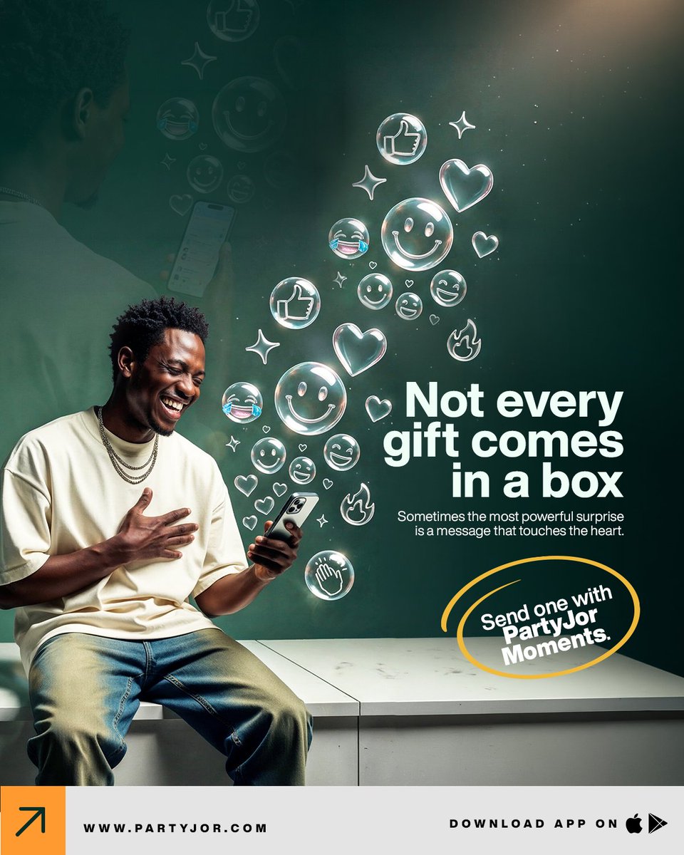 partyjor's tweet photo. Not every gift needs wrapping paper.
Sometimes the best surprise is a message that hits the heart ๐
Say what you really feel.
Send something unforgettable.
#PartyjorMoments #GiftDifferent #SendLove #NaijaTech #DigitalGift #MomentsMatter #Seyi #VictorOsimhen https://t.co/CSXKKYt7Zl