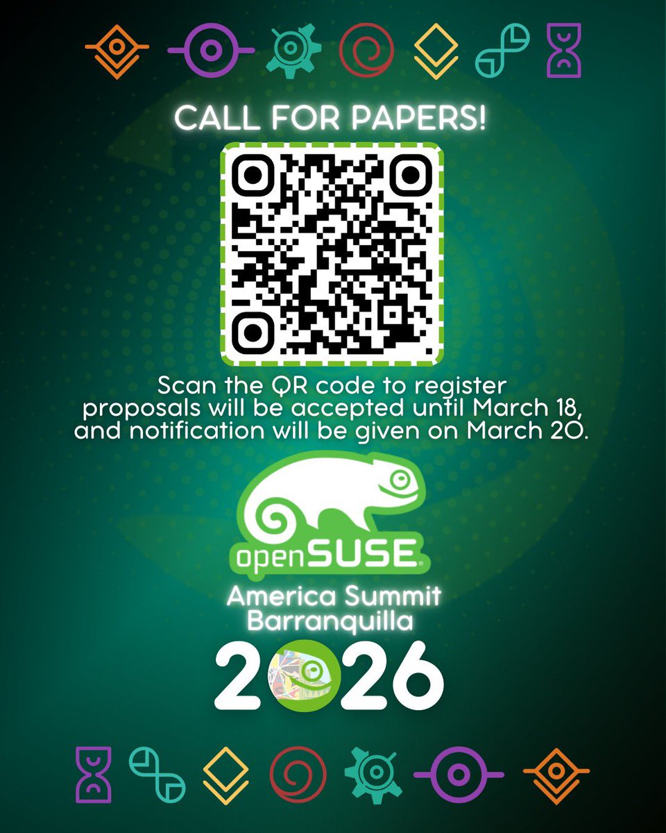 📣🐧 Call for Papers is now open!
<a href="/openSUSE/">openSUSE Linux</a> Summit Americas is looking for passionate speakers ready to showcase the power of the openSUSE ecosystem 💚
Share your experience:
Link: events.opensuse.org/conferences/oS…
🗓️ Submit your proposal by March 18
📩 Notifications go out on March 20