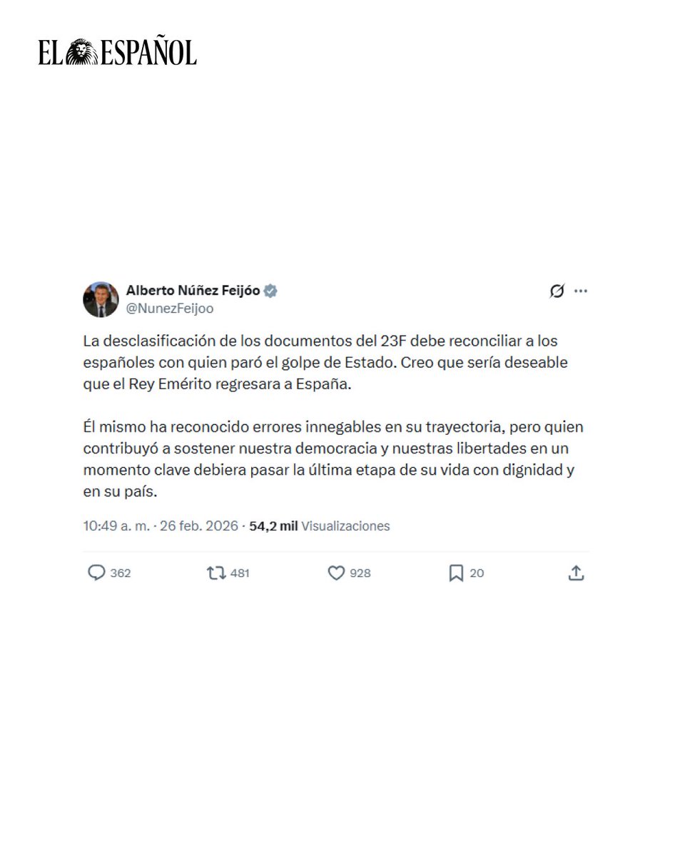 🔴👑 Feijóo pide el regreso de Juan Carlos I: "Quien paró el golpe del 23-F debería pasar la última etapa de su vida en su país"

Juan Carlos I abandonó España el 3 de agosto de 2020, cuando comunicó a Felipe VI su decisión de trasladar su residencia a Abu Dabi tras los