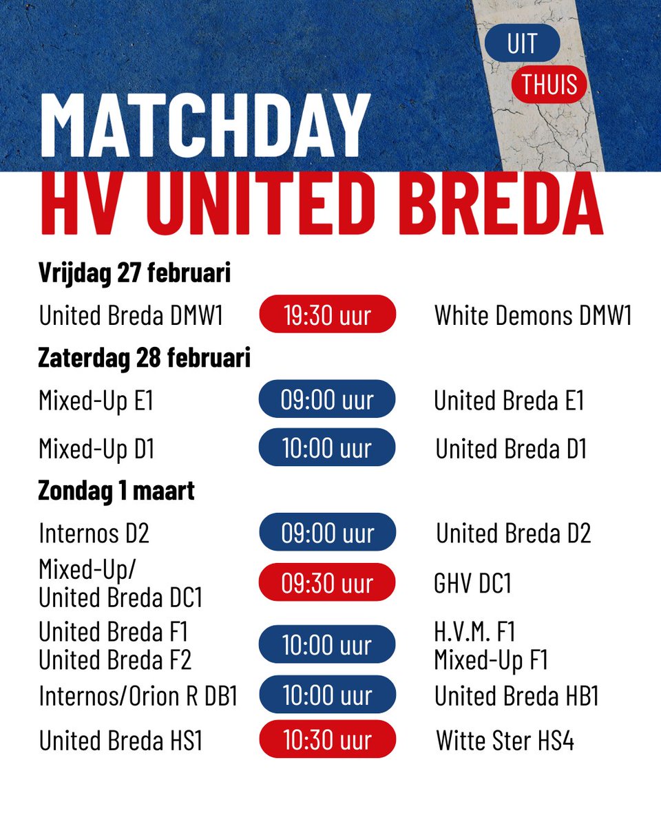 Sport kijken kan lui vanaf je bank, maar je kunt ook Bredase sporters komen aanmoedigen in het écht. Bijvoorbeeld de handballers van HV United Breda. 
Naast de wedstrijden op de flyer worden er dinsdag door de damesteams ook nog bekerwedstrijden gespeeld. Vanaf 19u. #Breda