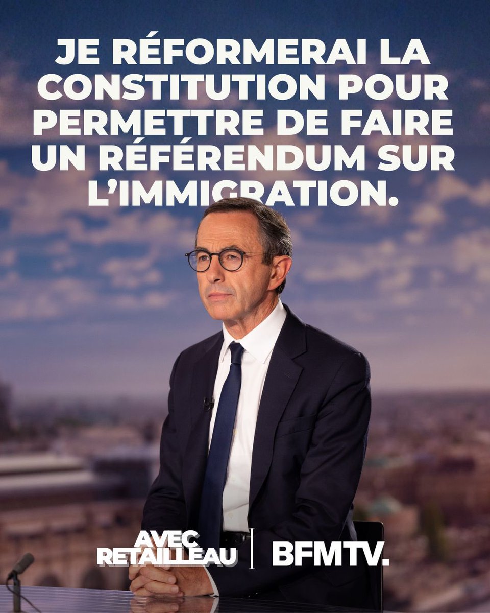 .<a href="/BrunoRetailleau/">Bruno Retailleau</a> a raison : réformons la Constitution pour permettre le référendum sur l’immigration que les Français attendent !

Assez de blocages, place à la démocratie. Soutien total ! 💪🇫🇷

#NePlusSubir #AvecRetailleau