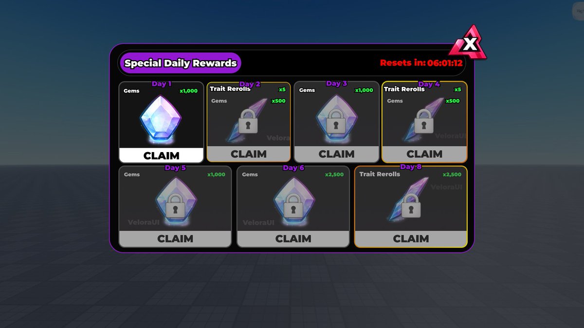 VeloraUI's tweet photo. Special Daily Rewards UI I designed for a client ✨

Commissions are open 🎨
DM me or reach out on Discord 📩

#Roblox #RobloxDev #RobloxUI https://t.co/jY7WXeX5nN