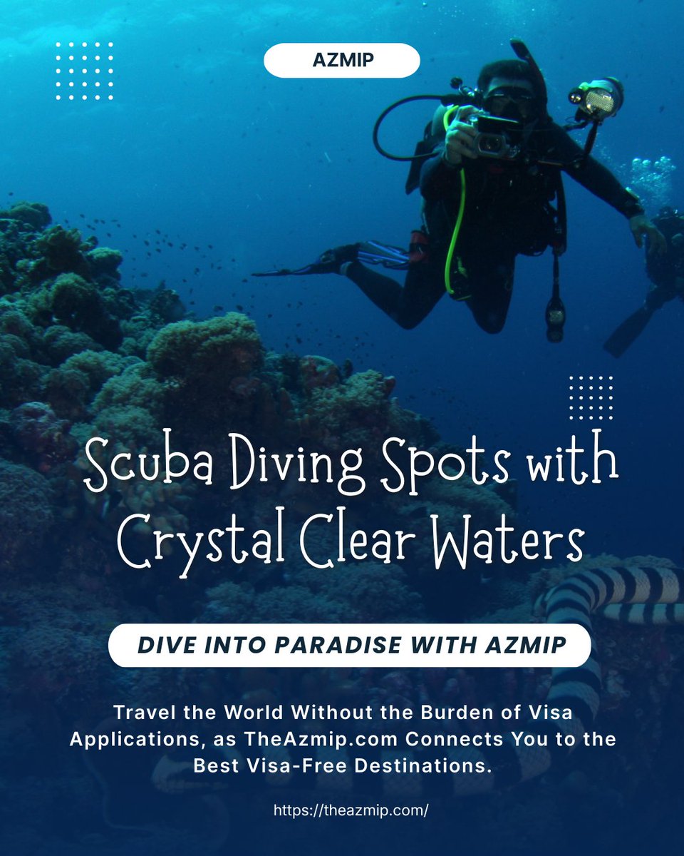 IAzmip's tweet image. Scuba Diving Spots with Crystal Clear Waters | Azmip
Travel the World Without the Burden of Visa Applications, as TheAzmip.com Connects You to the Best Visa-Free Destinations.
#Azmip #ScubaDiving #CrystalClearWaters #OceanAdventure #DiveTheWorld #UnderwaterWorld