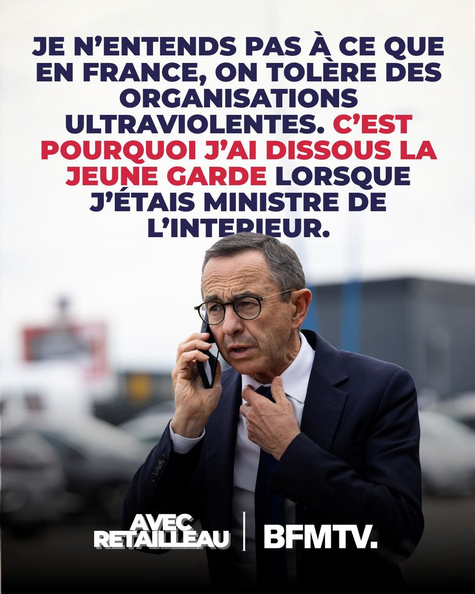 Zéro tolérance pour les milices ultraviolentes ! <a href="/BrunoRetailleau/">Bruno Retailleau</a> a eu raison de dissoudre la Jeune Garde quand il était ministre de l’Intérieur. 

En France, on ne laisse pas des organisations extrémistes semer la terreur impunément.

Courage et fermeté : c’est ça la ligne