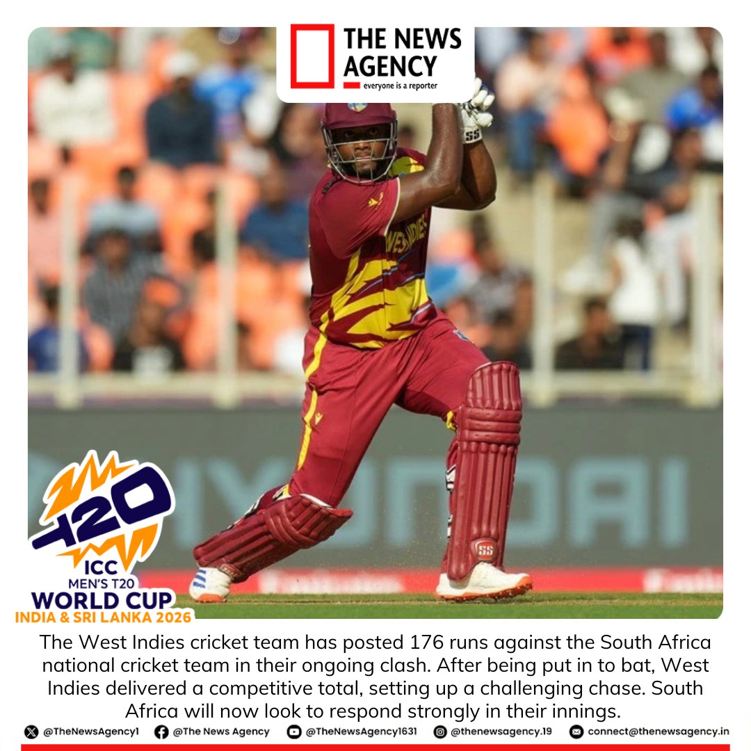 TheNewsAgency1's tweet photo. #SAvsWI #WestIndies #SouthAfrica #CricketUpdate #MatchScore #176Runs #CricketFans #T20WC #WIvsSA #KagisoRabada #AidenMarkram #RomarioShepherd @ICC @ProteasMenCSA #WIvsSA https://t.co/fEnSGUvbj6