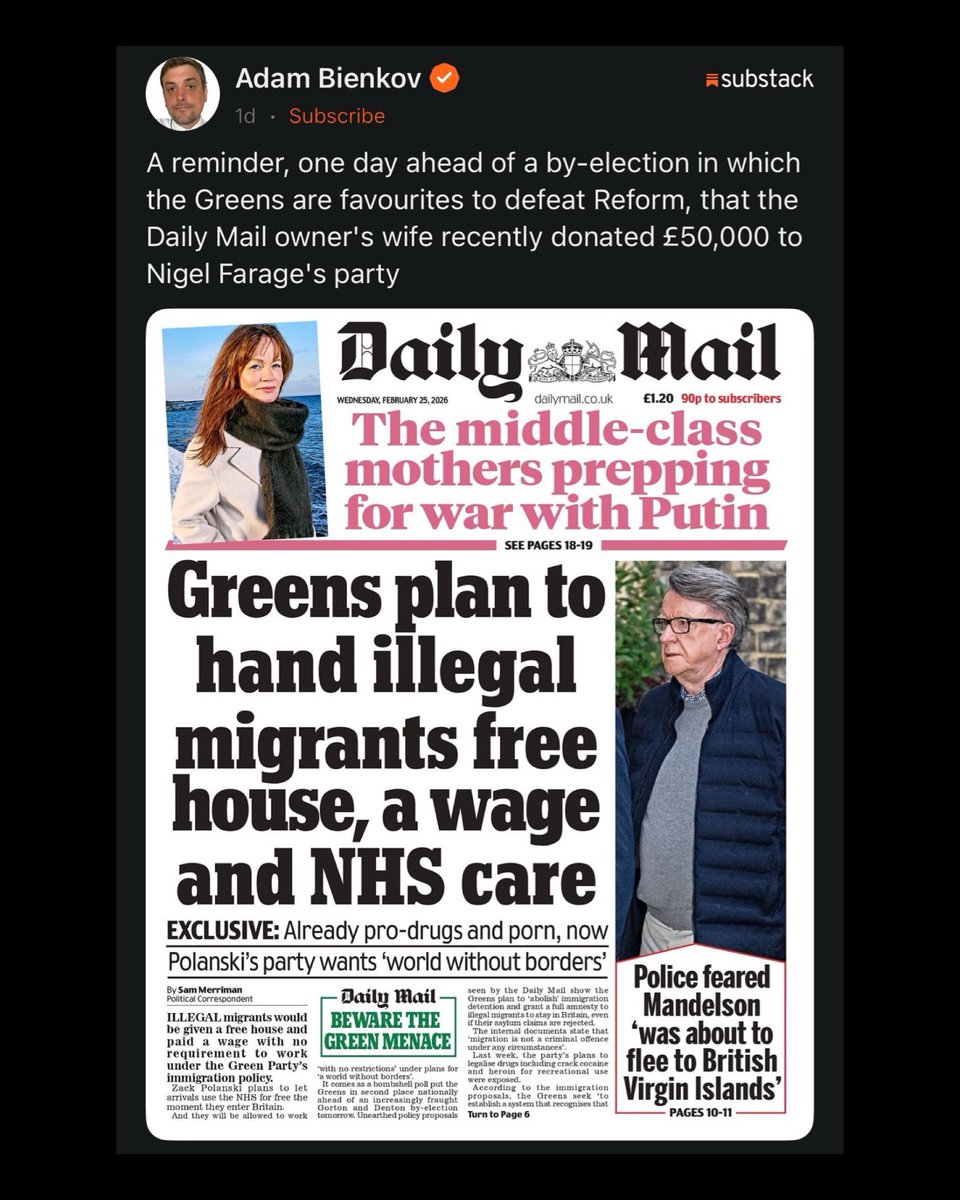 This is a prime example of how billionaire press barons control British politics.  

“Why is Reform so popular?” 

Yeah, a real head scratcher, that one.