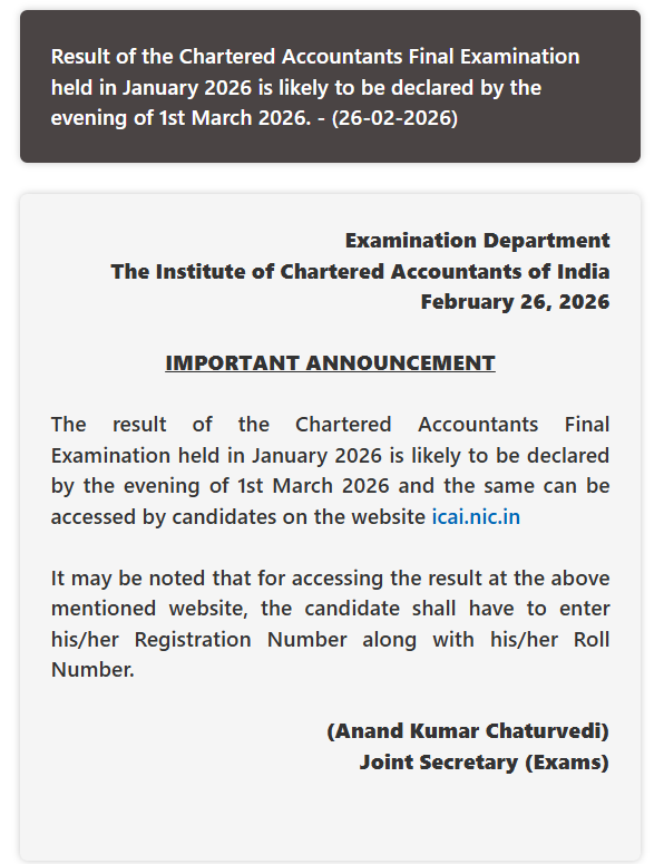 rtk_957's tweet photo. CA Final Jan 2026 Results to be declared on the evening of 1st March 2026.
 
Official Notification is finally out ! #ICAI #CAResults

All the best 🤞 https://t.co/M7G54H3NJT