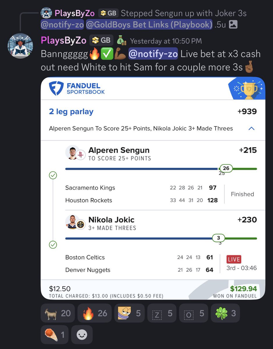 Cash the +939 NBA Parlay for <a href="/PlaysByZo/">PlaysByZo</a> 🔥

$12.50 ➡️ $129 💰

Posted in discord ➡️ GoldBoys.com