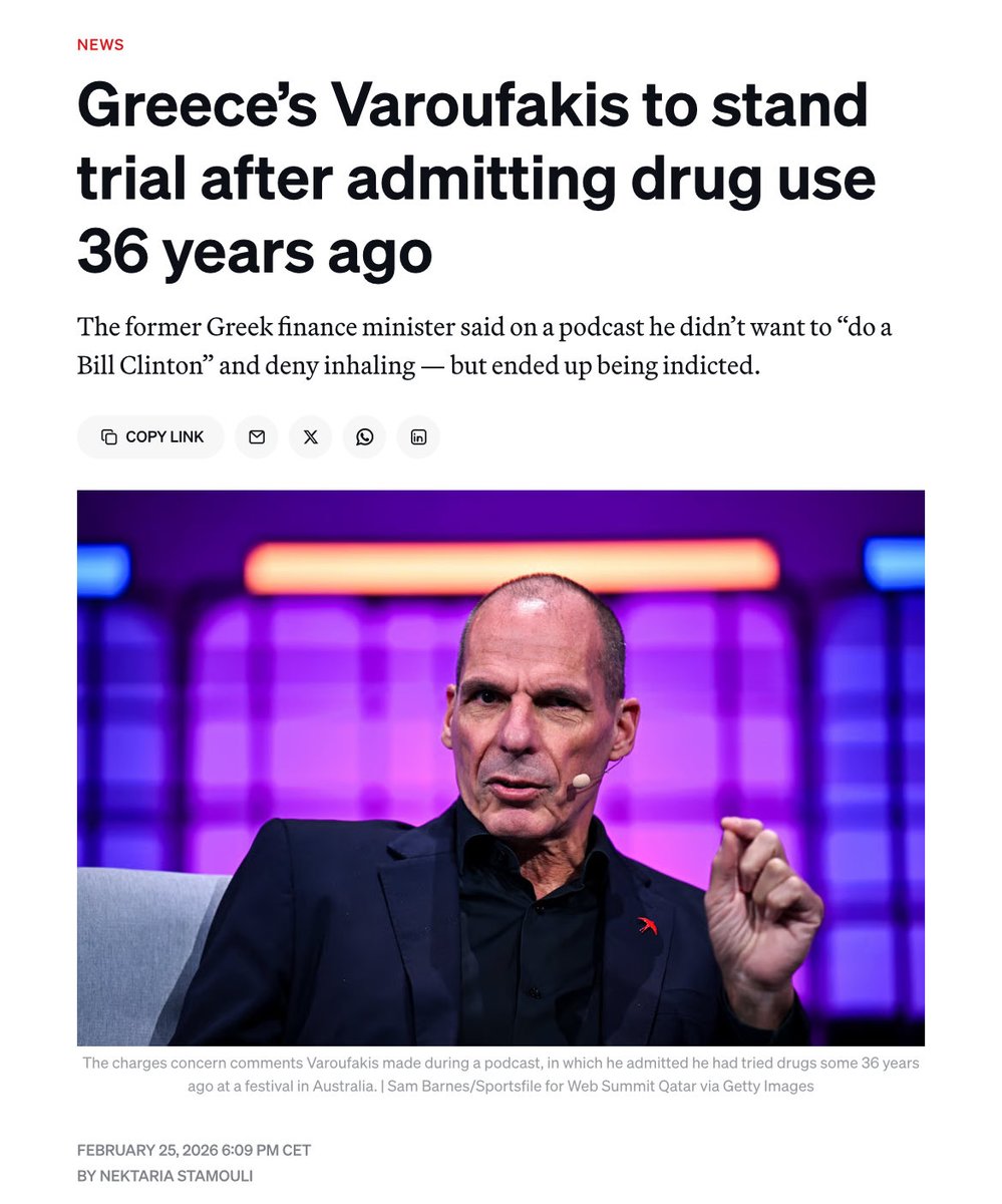 Greece indicted former Finance Minister Yanis Varoufakis just because he admitted on a recent podcast to using drugs 36 years ago.

This is preposterous.

They are obviously targeting him for being outspoken about important topics.