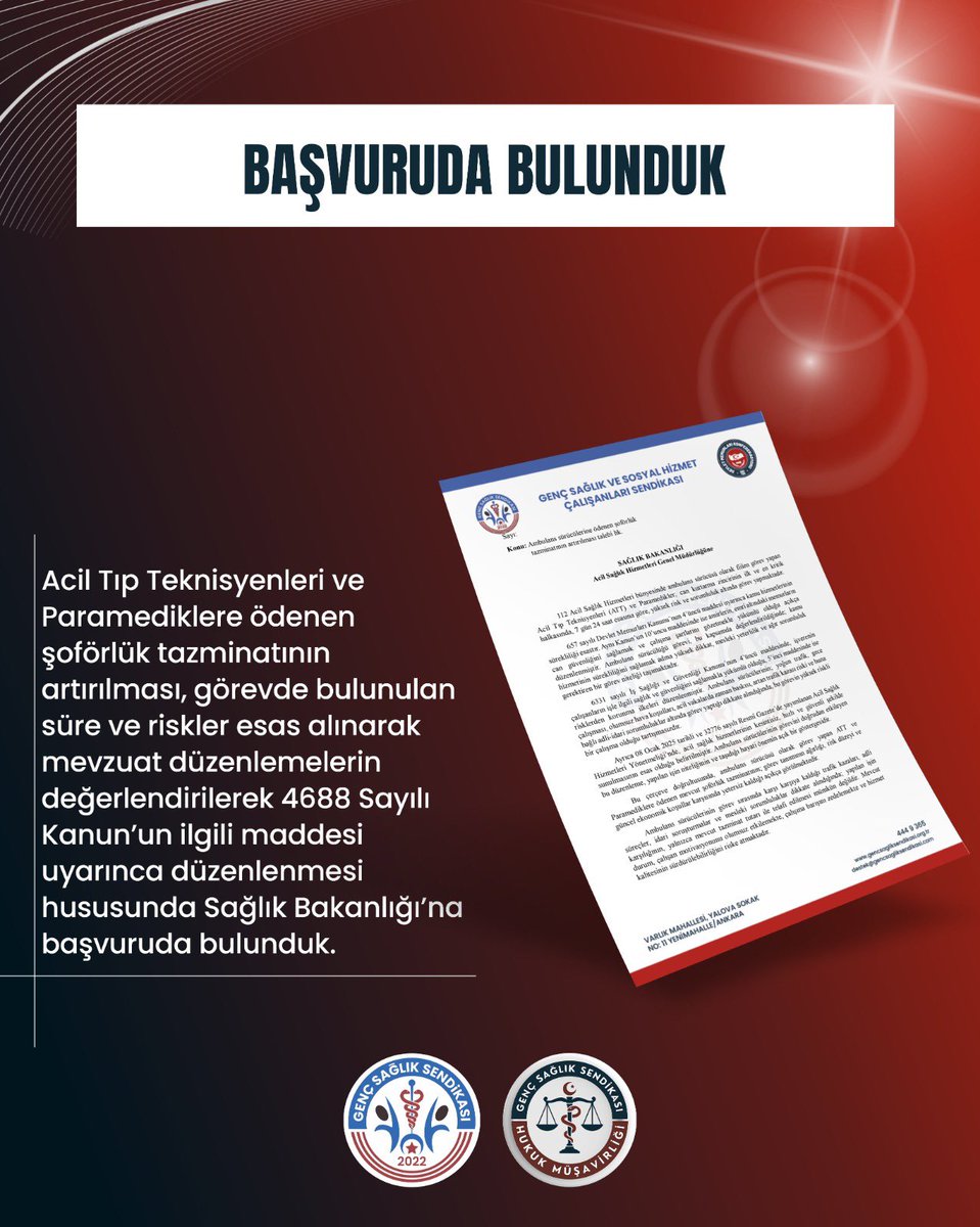 Acil sağlık hizmetlerinde görev yapan Acil Tıp Teknisyenleri ve Paramediklere ödenen şoförlük tazminatının artırılması talebiyle Sağlık Bakanlığı’na resmi başvurumuzu gerçekleştirdik.

Sahada hem hasta bakımını üstlenen hem de yüksek risk altında ambulans sürücülüğü görevini