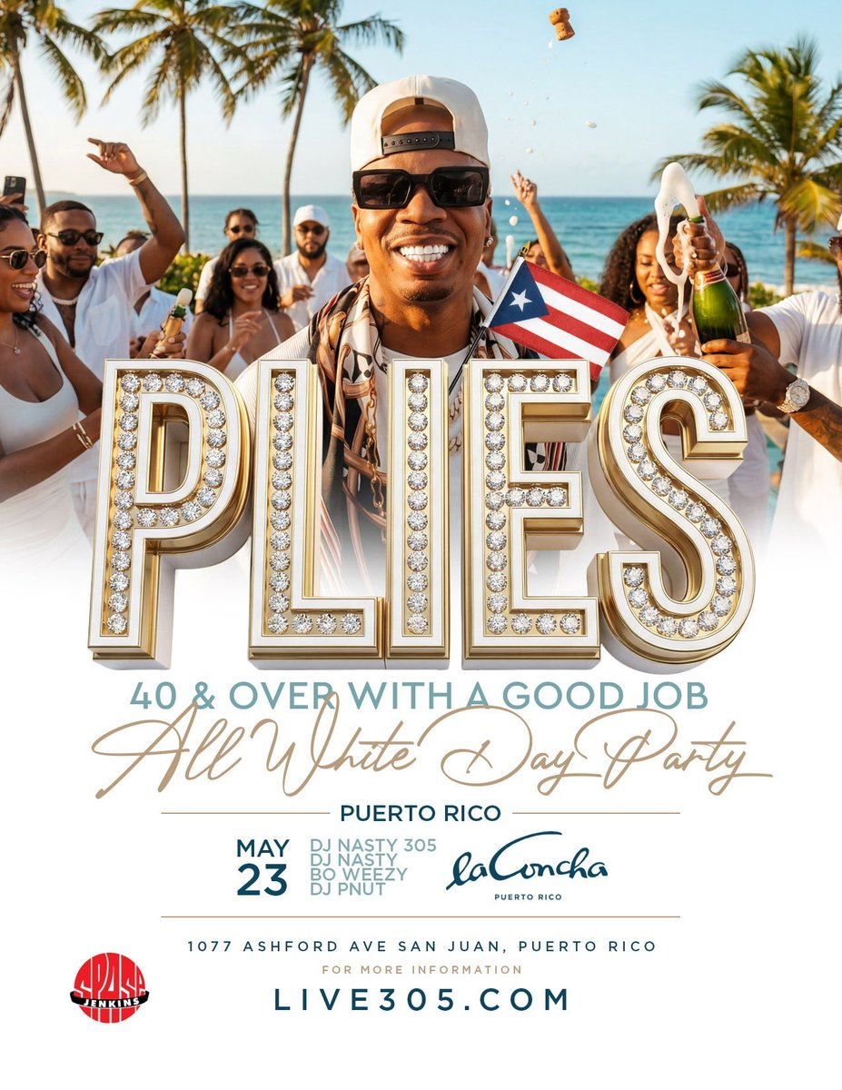 Puerto Rico 🇵🇷 WE OUTSIDE!

May 23rd | La Concha – San Juan
“40 &amp; Over With A Good Job” All White Day Party 🤍

🎧 by DJ Nasty 305, DJ Nasty &amp; #TheCrowdPleaser 
Grown. Sexy. Successful.

Pull up in your BEST white. 🥂
More info: LIVE305.com