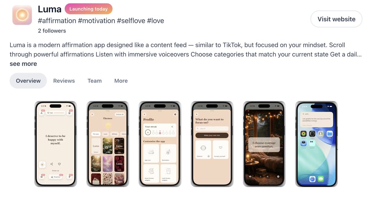 LumaAffirmation's tweet photo. we launched on  @ProductHunt
Upvote us please! 
https://t.co/xCMTCb15Fl

#producthunt #startup #affirmations #liked #follow
#Motivation https://t.co/WiTknFTXHq