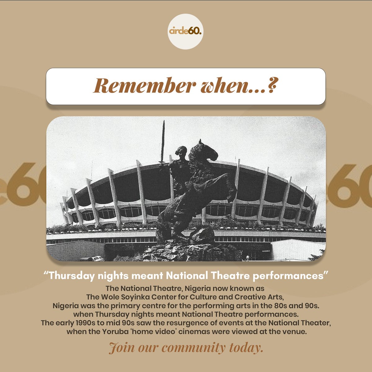 Circle60_'s tweet photo. Do you remember Thursday evening at National Theatre? 
Dancing to Fela at The Shrine?
When NEPA took light and the whole street groaned?

Those were the days.
And the people who lived them?

They deserve a community that GETS it.
Welcome to Circle60.
#TBT #Circle60 #NaijaMemories https://t.co/Ej4pXJdHkt