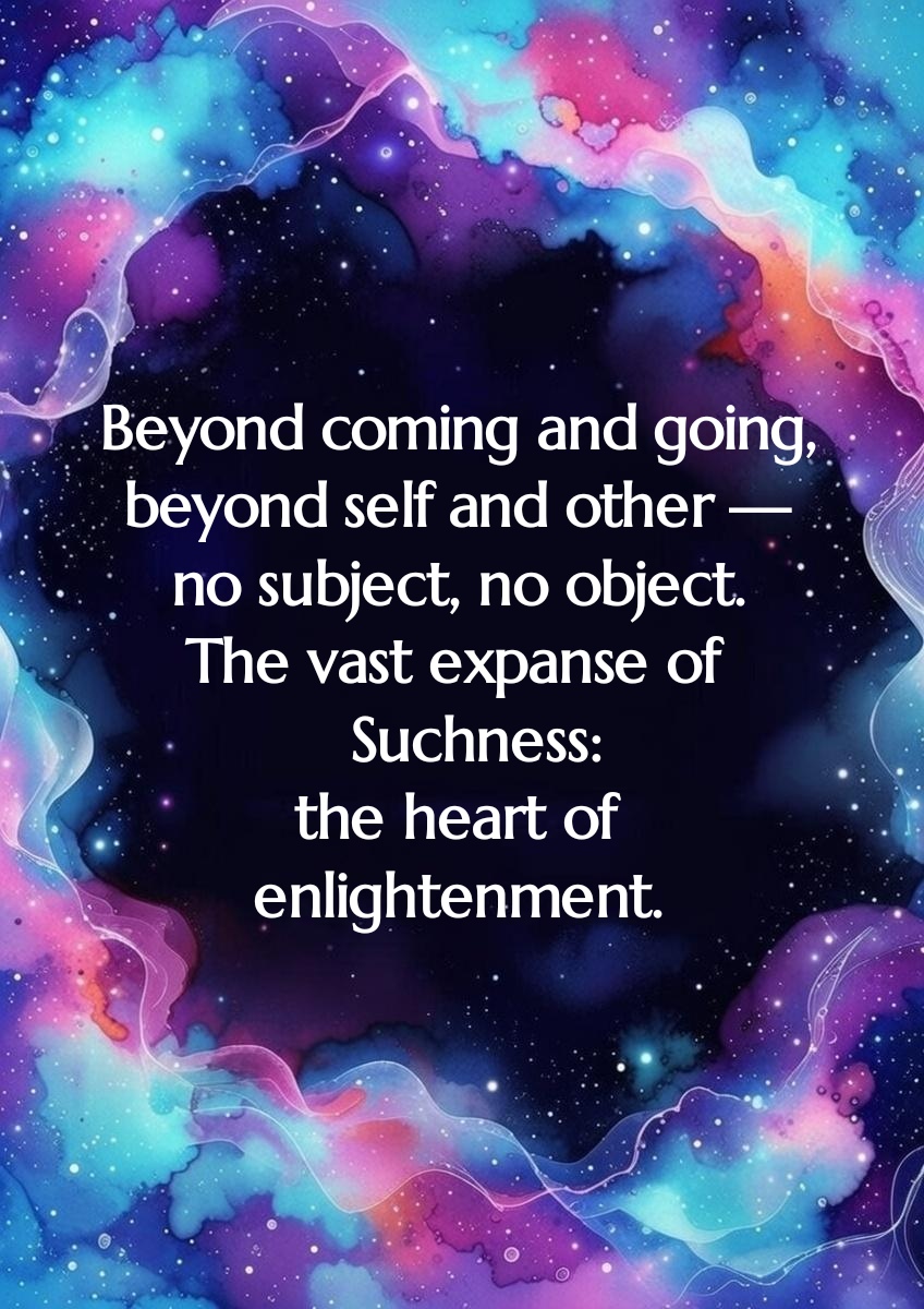 Beyond coming and going,
beyond self and other —
no subject, no object.
The vast expanse of Suchness:
the heart of enlightenment.

#Tathatā #Advaya #nonduality #Enlightenment #nondual #Nirvāna #Suchness #Thusness #Nibbāna #Śūnyatā #nomind