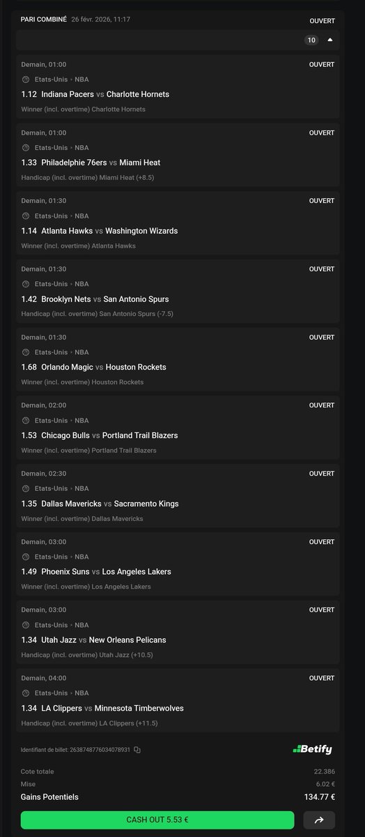 BetClem_'s tweet photo. AVIS FULL MAP NBA 🏀🇺🇸 27/02 🗓️

⛱️ Miami Heat +8.5 ⭐
🐝 Charlotte Hornets ⭐⭐ 
👽 San Antonio Spurs -7.5 🔴⭐
🦅 Atlanta Hawks ⭐ 
🚀 Houston Rockets 🔴⭐ 
🌀 Portland Trail Blazers ⭐
🤠 Dallas Mavericks ⭐ 
🎬 Los Angeles Lakers ⭐ 
🎷 Utah Jazz +10.5 ⭐
⛵ Los Angeles Clippers +11.5 ⭐
https://t.co/7cLXN2OdIq

👉 Pas fan de la map aujourd'hui et des cotes je conseille pas.

Meilleures cotes ici 👇
https://t.co/yTDWeM6veJ
Code promo : BETCLEM
🎁 50% de ton 1er dépôt en freebet jusqu'à 200€

⚠️  Comme d'habitude, pour jouer les win en sec vaut mieux attendre pour les équipes avec des joueurs questionable ou en GTD (Joe, Caruso, Holmgren, Murray-Boyles, Murray...)

💊 JOUEURS OUT IMPORTANT : SHAI-GILGEOUS ALEXANDER, HARTENSTEIN, WILLIAMS, STEWART, PLUMLEE, CURRY X2, GREEN, MELTON, PORZINGINS, ALDAMA, CLARKE, ANDERSON, COWARD, EDEY, MORANT, FINNEY-SMITH, VANVLEET, THOMPSON, HARDEN, MITCHELL, MOBLEY, STRUS, GIANNIS, TATUM, GORDON, WATSON.

🔴 = Équipe en back to back ⚠️
Attention également aux équipes en B2B , la fatigue peut jouer sur les performances : San Antonio Spurs, Sacramento King's.

🪧 Rappel : je ne conseille pas de jouer le combiné de tout les matchs, le ticket là sert de support visuel (c'est du fun perso et surtout un avis).
Privilégier de jouer en simple, ou d'en combiner 2-3 max (idéalement les 3 ⭐ ou 2 ⭐)

⭐⭐⭐ Grosse confiance
⭐⭐ Moyenne confiance
⭐ Petite confiance

💚 Si tu soutiens 
#TeamParieur #NBA