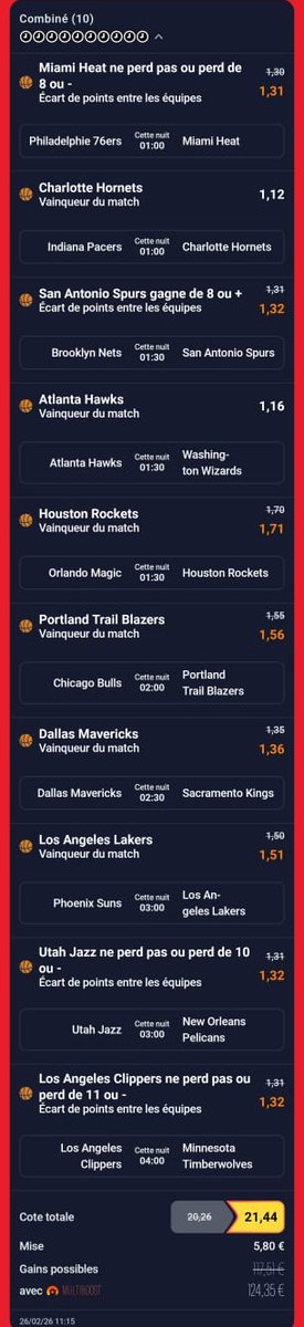 BetClem_'s tweet photo. AVIS FULL MAP NBA 🏀🇺🇸 27/02 🗓️

⛱️ Miami Heat +8.5 ⭐
🐝 Charlotte Hornets ⭐⭐ 
👽 San Antonio Spurs -7.5 🔴⭐
🦅 Atlanta Hawks ⭐ 
🚀 Houston Rockets 🔴⭐ 
🌀 Portland Trail Blazers ⭐
🤠 Dallas Mavericks ⭐ 
🎬 Los Angeles Lakers ⭐ 
🎷 Utah Jazz +10.5 ⭐
⛵ Los Angeles Clippers +11.5 ⭐
https://t.co/7cLXN2OdIq

👉 Pas fan de la map aujourd'hui et des cotes je conseille pas.

Meilleures cotes ici 👇
https://t.co/yTDWeM6veJ
Code promo : BETCLEM
🎁 50% de ton 1er dépôt en freebet jusqu'à 200€

⚠️  Comme d'habitude, pour jouer les win en sec vaut mieux attendre pour les équipes avec des joueurs questionable ou en GTD (Joe, Caruso, Holmgren, Murray-Boyles, Murray...)

💊 JOUEURS OUT IMPORTANT : SHAI-GILGEOUS ALEXANDER, HARTENSTEIN, WILLIAMS, STEWART, PLUMLEE, CURRY X2, GREEN, MELTON, PORZINGINS, ALDAMA, CLARKE, ANDERSON, COWARD, EDEY, MORANT, FINNEY-SMITH, VANVLEET, THOMPSON, HARDEN, MITCHELL, MOBLEY, STRUS, GIANNIS, TATUM, GORDON, WATSON.

🔴 = Équipe en back to back ⚠️
Attention également aux équipes en B2B , la fatigue peut jouer sur les performances : San Antonio Spurs, Sacramento King's.

🪧 Rappel : je ne conseille pas de jouer le combiné de tout les matchs, le ticket là sert de support visuel (c'est du fun perso et surtout un avis).
Privilégier de jouer en simple, ou d'en combiner 2-3 max (idéalement les 3 ⭐ ou 2 ⭐)

⭐⭐⭐ Grosse confiance
⭐⭐ Moyenne confiance
⭐ Petite confiance

💚 Si tu soutiens 
#TeamParieur #NBA