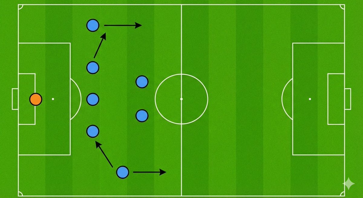 Brianngala2's tweet photo. Move 1: The Asymmetric Opening
Carrick's team starts in one formation but quickly shifts. As shown below, one fullback pushes high like a winger, while the other tucks in to form a back-three, creating a numerical advantage in the first phase of the build-up. https://t.co/vgjHAqdRIG