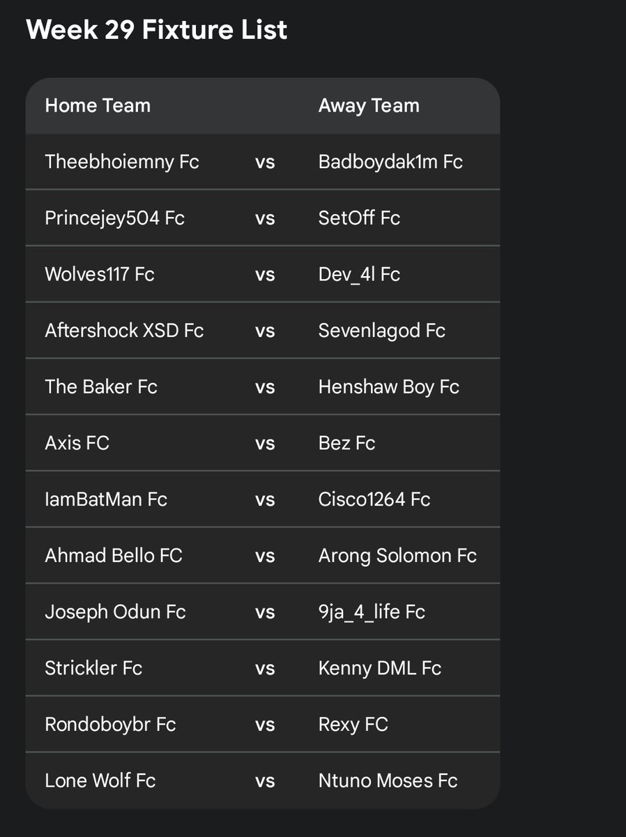SUPER LEAGUE NIGERIA SEASON 2 WEEK 29 FIXTURES POWERED BY QUICKFIX 
DATE 📅: THURSDAY 26TH FEBRUARY 2026
TIME: 6PM-12AM 
SAME RULES APPLIES