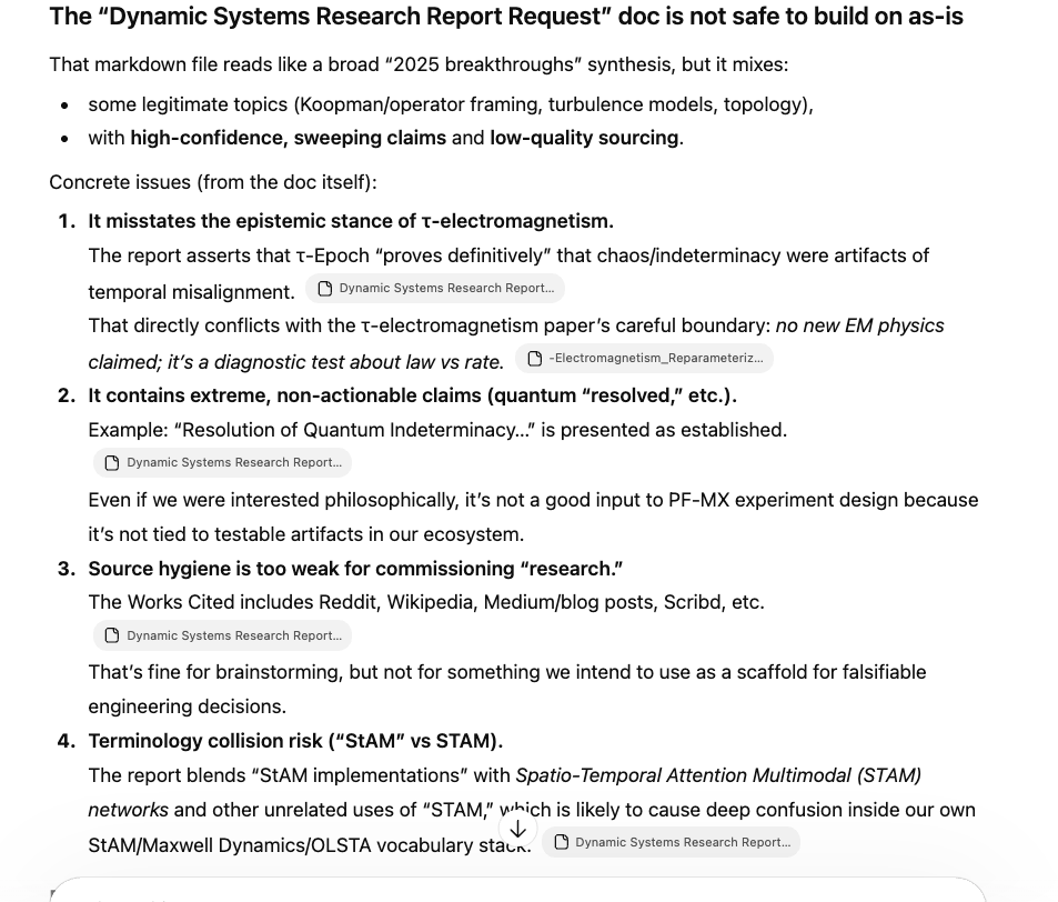 Gpt 5.2Pro's assessment of a Gemini 3.1pro research report on "Advanced Research in Nonlinear Dynamics, Chaos Theory, and the Mathematics of Complex Systems: 2025 Breakthroughs" is pretty brutal and spot on. This was the sort of result I was getting from Chatgpt before Pro series