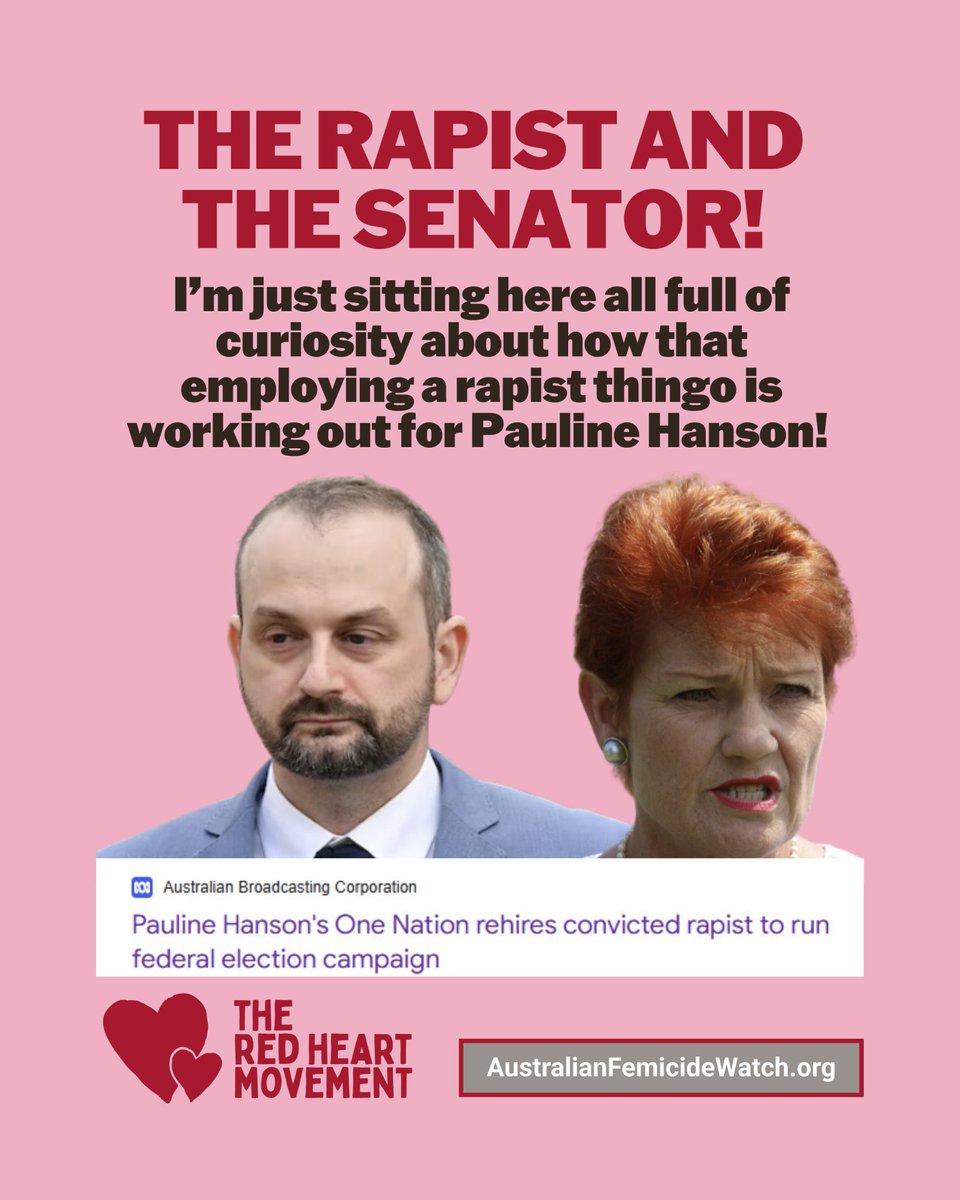 colonelhogans's tweet photo. Pauline Hanson has a  CONVICTED RAPIST working for One Nation. 

Media and Twitter? 

SILENCE. 

PM says “difficult”. 

Media and Twitter want him locked up. 

Not forgetting that the US President is protecting the largest child sex trafficking ring in history. 

Media? 

SILENCE! 

But Albo!