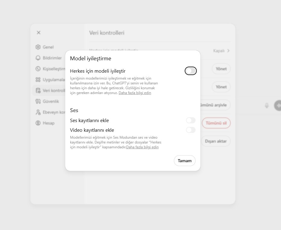 codingdotlog's tweet photo. Ürün ücretsizse, ürün sensin. ChatGPT ayarlarını kontrol et. Herkes için modeli iyileştir açıksa verileriniz modelin eğitilmesi için kullanılabilir. https://t.co/wnWchIgvkj