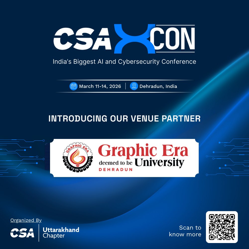 xconindia's tweet photo. We’re proud to welcome #GraphicEra (Deemed to be University), #Dehradun as our Venue Partner for #CSAXCON 2026 🤝

The perfect stage for India’s biggest #AI &amp; #CyberSecurity conference 🏫💻

📍 Dehradun | India
📅 11–14 March 2026

🎟️ Get tickets: https://t.co/blU4biJZ25 https://t.co/hNwJp6tpE9