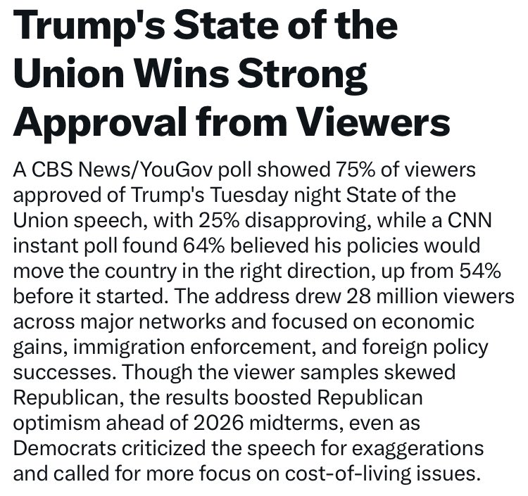 CreasonJana's tweet image. The anti-American Democrats, especially those in the @SenateDems @HouseDemocrats, are reeling from the bump that Trump got after the State of the Union (SOTU).

Even Leftist media organizations had no choice but to report on the results.

What the polls show is no matter what,
