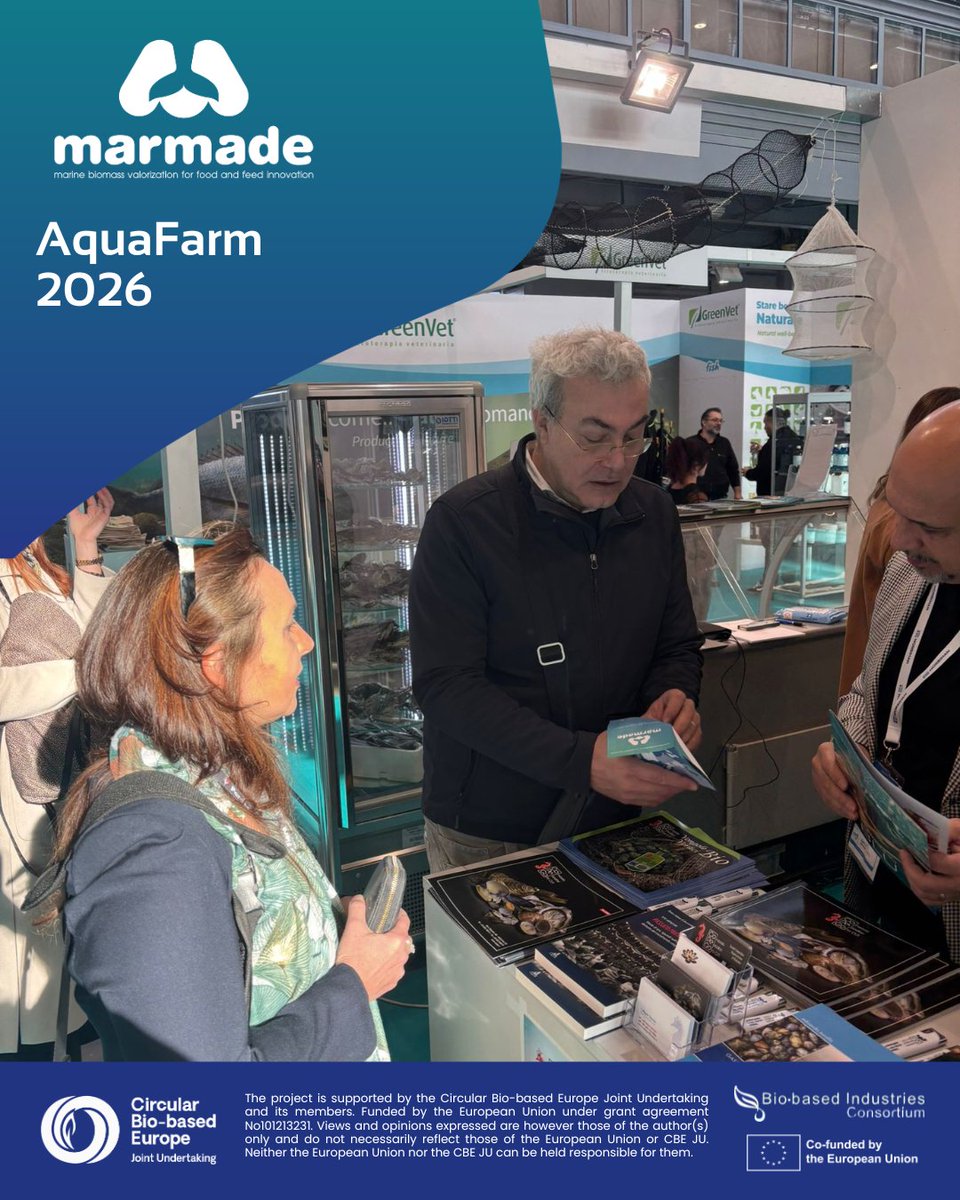 MarmadeEu's tweet photo. At #AquaFarm โ Pordenone Fiere 2026 (Italy), Biochica represented #MARMADE, carrying out dissemination and stakeholder engagement activities on behalf of the project.
๐ฆ Turning marine waste into value for human and animal well-being - together.
#BlueEconomy #MarineBiomass https://t.co/f1HpYCOObs
