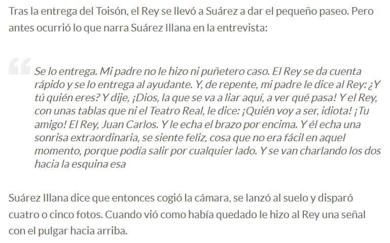Fue el 18 de julio de 2008. El Rey había ido a su casa a entregarle el Toisón de Oro. Y así lo recordaba su hijo, Suárez Illana: verne.elpais.com/verne/2015/11/…