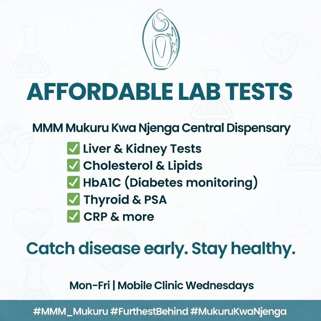 MMM_Mukuru's tweet photo. Karibu MMM kwa lab tests za na bei nafuu:
LFT (Liver Function)
RFT (Renal/Kidney Function)
Lipid Profile & Cholesterol
HbA1C & more!
Catch issues early, prevent complications!
Drop by Mon-Fri
Or
Ask during Mobile Clinic Wednesdays. 💉❤️
#LabTests #MukuruKwaNjenga #FurthestBehind https://t.co/L2VdI7foDB
