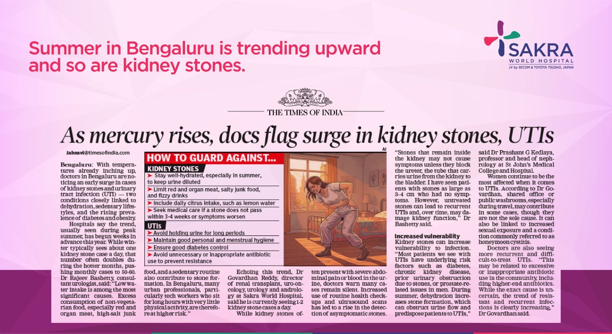 Sakra_Hospital_'s tweet photo. Rising temperatures are signalling an early health concern across Bengaluru. Kidney stone and urinary tract infection cases are already increasing, even before peak summer arrives.

Our specialists are observing a steady spike linked to dehydration, long sedentary hours, https://t.co/LviJBCYyGX
