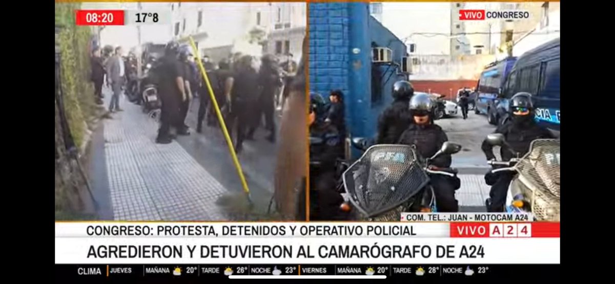 BASTA DE REPRESIÓN A LA PRENSA Y LA PROTESTA

Repudiamos la represión en Congreso a Greenpeace y a la prensa, en la que fueron detenidos manifestantes y un camarógrafo de A24.

El gobierno dice no odiar tanto a los periodistas y lo demuestra así.

Exigimos su inmediata liberación