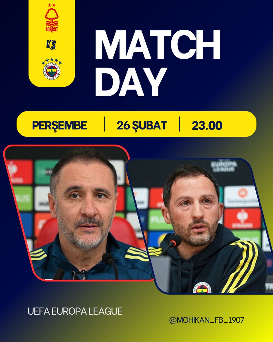 🏆 #UEL Play-off 2. Maç 
⚔️ Nottingham Forest 🆚 Fenerbahçe 
🗓️ 26 Şubat Perşembe
🕚 23.00 
📍 City Ground

#UEL | #NFFCvFB | #fenerbahçe 💛💙