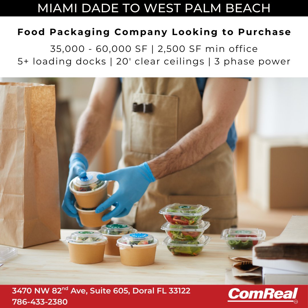EdisonCRE's tweet image. We have a 35,000 – 60,000 SF Industrial Purchase Requirement from a food packaging company looking to buy an #industrialbuilding in #SouthFlorida with rail access.

Criteria Include:
Size: 35,000 - 60,000 SF
Office Space: Minimum of 2,500 SF
Power: 3 Phase, 600 Amps (optional)