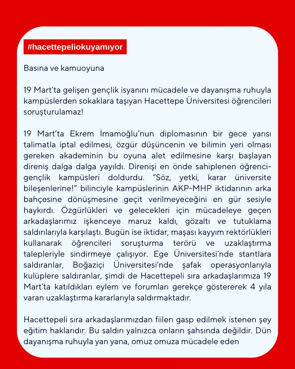 solpartibilgi's tweet photo. 19 mart'ta demokrasiye, geleceklerine ve memlekete sahip çıkmak için haklarını arayan Hacettepe öğrencilerinin eğitim hakkı ellerinden alınmak isteniyor. 
Art arda açılan soruşturmalarda 4 yıla varan uzaklaştırma cezaları istenen öğrencilerle omuz omuzayız. 
Baskılarla gençliği susturamazsınız, gençliğin dayanışması ve mücadelesi memleketi karanlığa hapsetmek isteyenlerden büyüktür. 
#hacettepeliokuyamıyor
