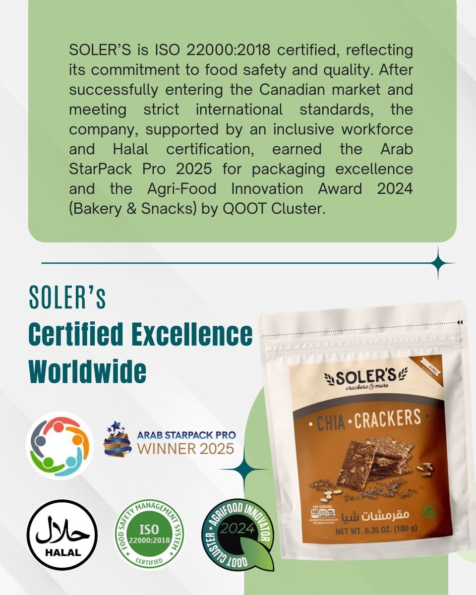 QOOTCluster's tweet photo. MEET SOLER'S! Proudly part of the QOOT Community, SOLER'S is redefining Lebanese snacking. Since 2017, SOLER’S has transformed authentic flavors into innovative, natural baked creations now enjoyed in 10 countries worldwide.
#MeetTheQOOTers #QOOT #SOLERS #QOOTCluster https://t.co/PM7aP6q7sF