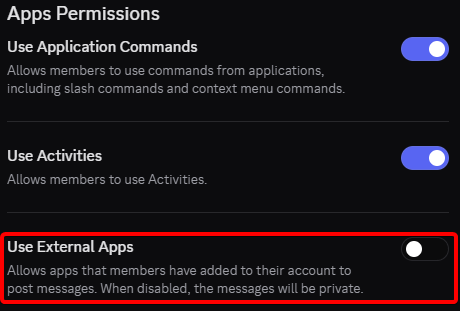 Casual reminder for Discord Serverowners. DISABLE "Use External Apps" for all roles. Only give this permission to people you can trust. It's extreme hard to block and moderate bad actions made by external apps.
Applications and Activities are considered safe as long as you only