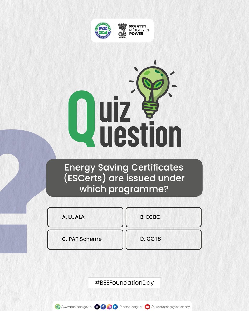 beeindiadigital's tweet photo. Quiz Time!
Energy Saving Certificates (ESCerts) are issued under which programme of BEE?
Share your answer in the comments below and be part of the #KnowBEE series.
#EnergyEfficiency #IndustrialEfficiency #EnergyConservation #BEEat25
@MinOfPower @officeofmlk https://t.co/JFdmr63x6O