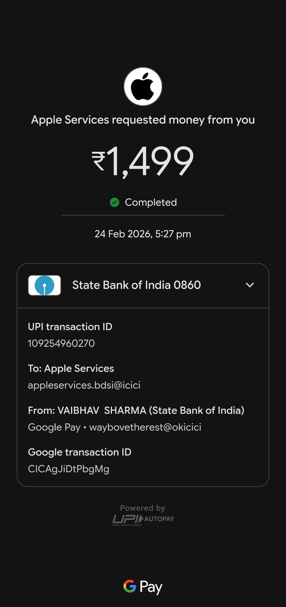 waybove's tweet photo. @AppleSupport even though I had cancelled my subscription of JioHotstar, my Autopay got deducted from UPI mandate, and it doesn't show up in my billing history on my Apple account so I can't initiate a refund https://t.co/8EtcPLEdDJ